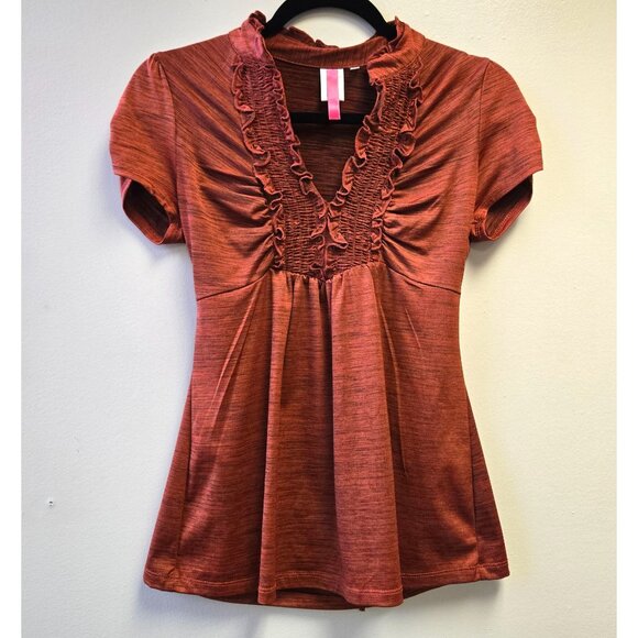 Vintage Y2K 2000s Babydoll Rust Orange Ruffled V-Neck Short Sleeve Top Tie Back - Picture 1 of 8